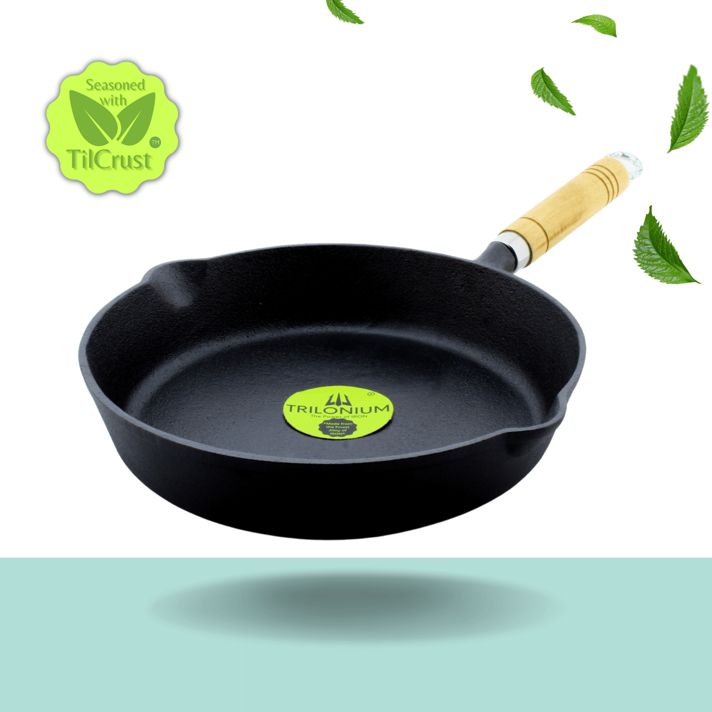 Trilonium Cast Iron Wooden handle Skillet 26 cms | Pre-Seasoned with TilCrust™ | Weighs 2.4 Kgs | Induction Compatible