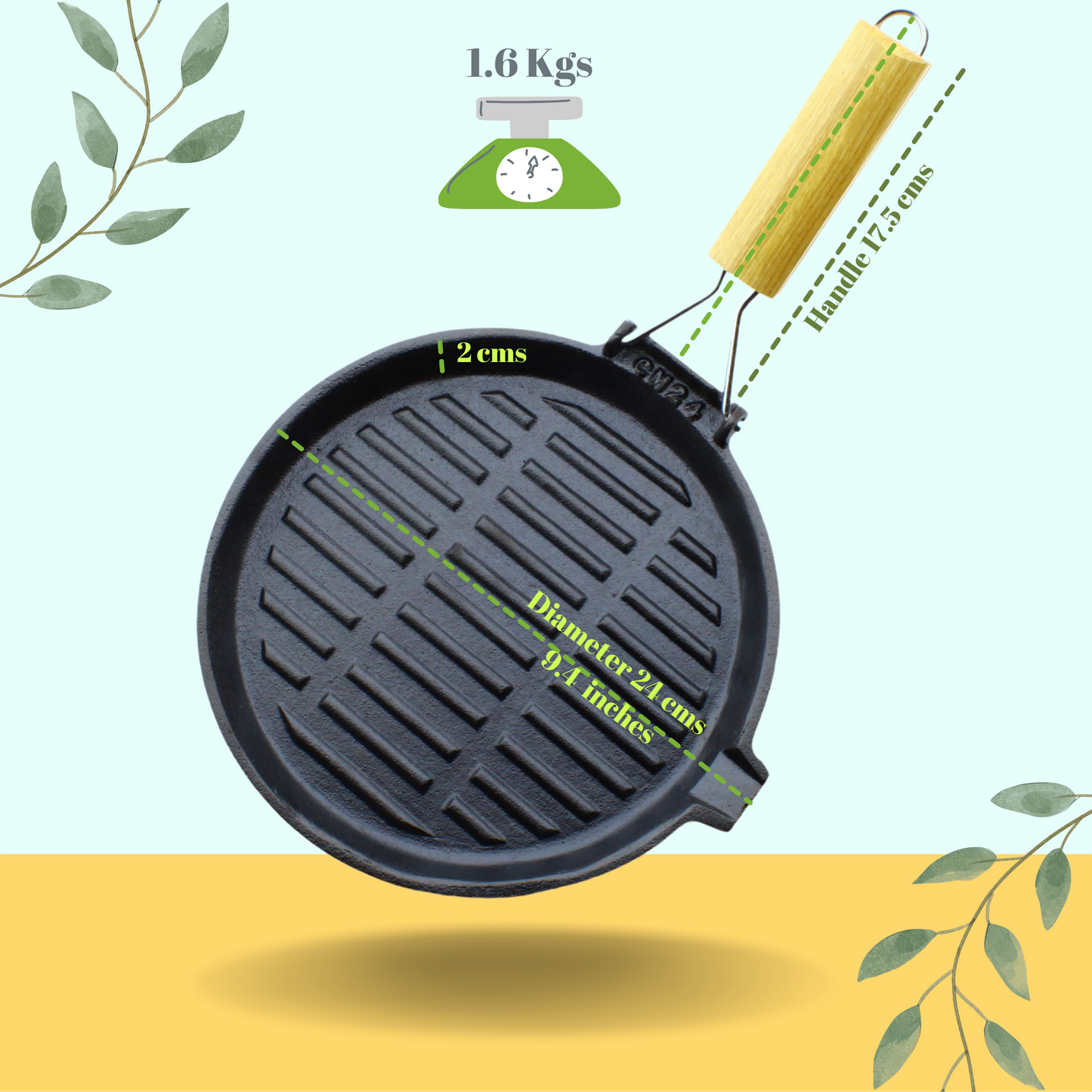 Cast Iron round Grill Pan with Foldable Handle | Pre-Seasoned | 24cm | 1.63 Kgs | Induction Compatible