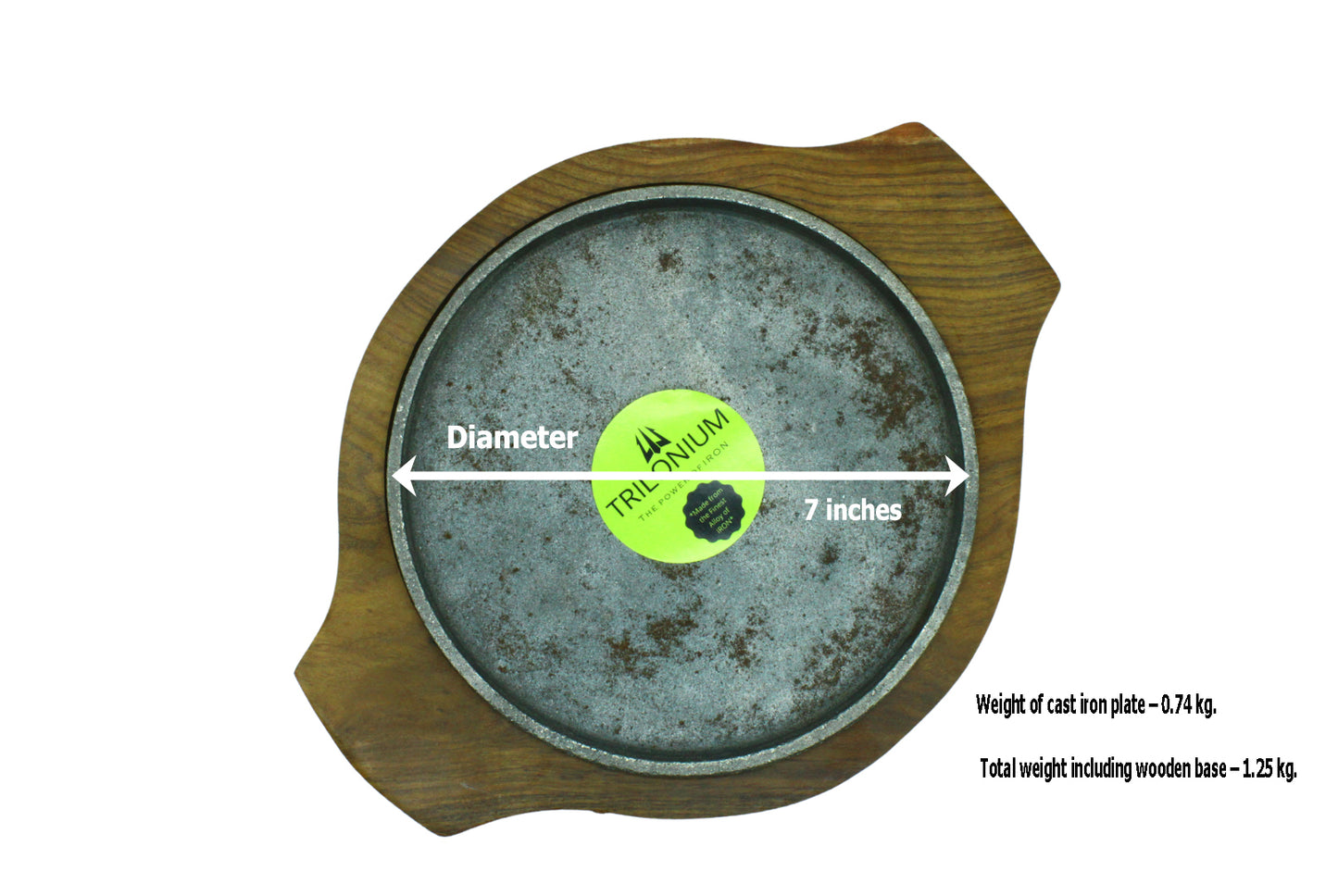 Cast Iron Sizzler Plate With Wooden Base | 7 inches | 1.25 KG TRILONIUM | Cast Iron Cookware