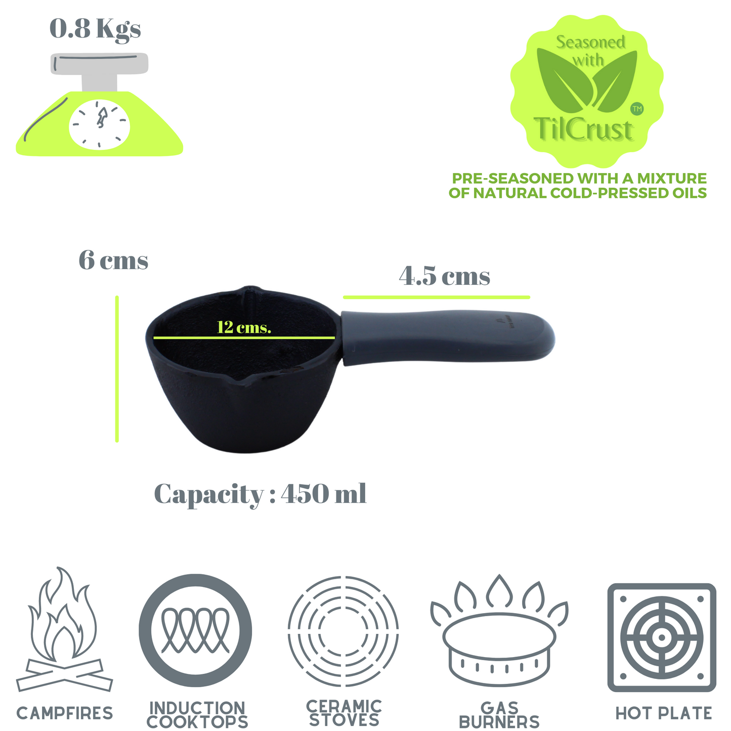 Cast Iron Tadka Pan | Tempering Pan | Pre-Seasoned | Dia 12 cms | Depth 6 cms | Weight 800 gms | With Heat Proof Silicone Sleeve